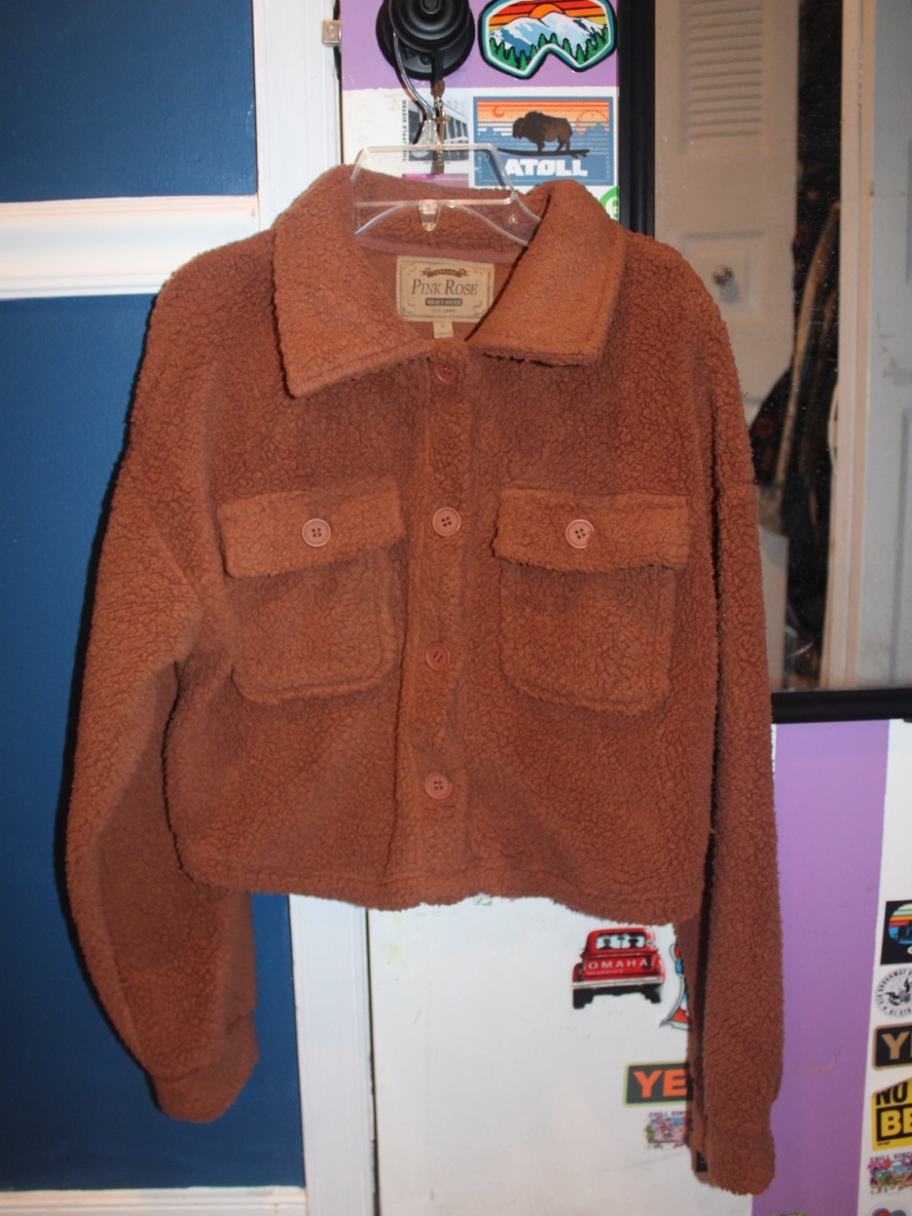Pink Rose Vintage Style Cropped Teddy Sherpa Shacket Mocha Brown Small